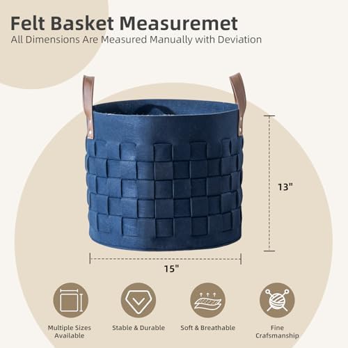 BOLDMONKEY Blankets Basket 15" x15 " x13 " 2 Pack, Felt Storage Baskets for Organizing Round, Living Room Dog Toy Bin for Dirty Clothes, Pillows, Towel-Navy Blue