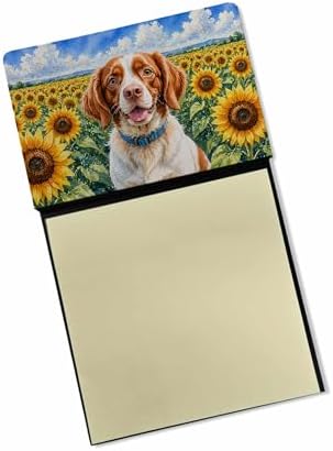 Caroline's Treasures Brittany Spaniel in Sunflowers Watercolor Sticky Note Holder Refillable Dispenser Desk Accessory 3x3 Pad Gift