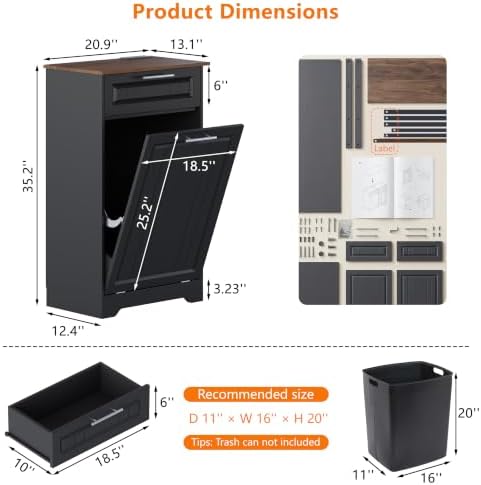 Single 10 Gallon Tilt Out Trash Can Cabinet with Deodorizing Function, Wooden Hidden Garbage Can Holder with Storage Drawers for Kitchen and Dining Room, Laundry Hamper Cabinet for Bathroom, Black