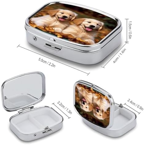 Golden Retriever Dogs Puppies Pets Pill Case Daily Square Small Medicine Case Vitamin Organizer Box 2 Compartments Portable Metal Travel Medicine Box for Vitamins Fish Oils Supplements