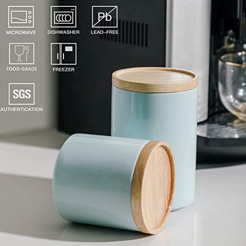 Sweejar Kitchen Canisters Ceramic Food Storage Jar, Stackable Containers with Airtight Seal Wooden Lid for Serving Ground Coffee, Tea, Sugar, Salt and More - 18OZ (Turquoise)