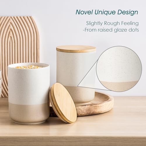 vancasso Sabine Large Ceramic Canister Set with Airtight Wood Lids - 2-Piece Kitchen Food Storage Jars for Flour, Sugar, Coffee & Tea (74 oz Each) - Big Capacity Countertop Jars