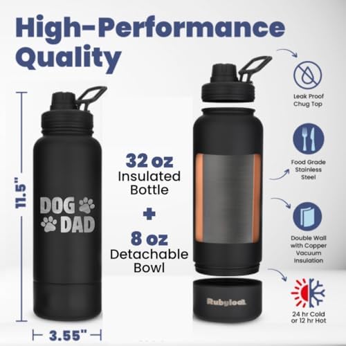 Rubyloo Original Doggy Bag (Paw Print) & 32oz Insulated Water Bottle with Attached 8oz Bowl (Dog Dad) – Dog Travel Bag & Hydration Set