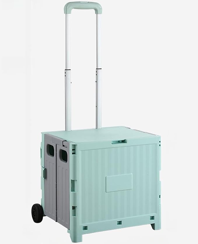 Collapsible Shopping Box Trolley on Wheels with Lid,75L Large Capacity Folding Portable Rolling Crate Handcart with Telescopic Handle for Camping (Green,Two Wheel Medium)