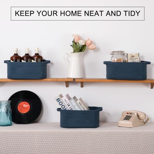 OIAHOMY 3 Pack Storage Baskets for Shelves Cotton Rope Storage Bins Blue | Woven Baskets for Storage Nursery Storage Basket with Handles Baskets for Organizing Small Baskets Gift Baskets Empty