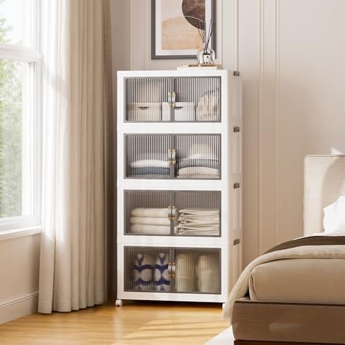 SAILUN 464Qt Stackable Storage Bins,Storage Cabinet with a Lid,4 Pack White