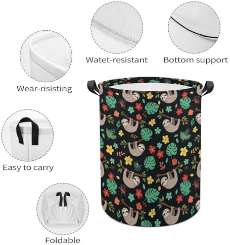 Large Laundry Hamper with Handles Floral Flowers Cute Branch Sloth, Collapsible Waterproof Basket for Clothing, Toys, and Home Storage Needs