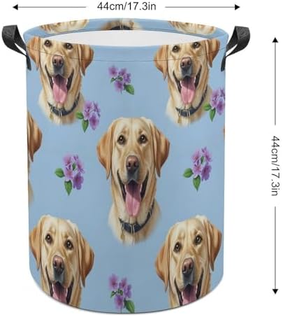 Portable Waterproof Hamper Floral Yellow Labrador Dog Pet Painting, Foldable Laundry Basket with Handles for Bedroom, Bathroom, and Clothes Storage