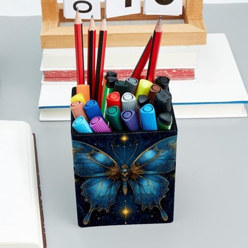 Butterfly and Stars Pen Holder for Desk Decor, Rectangular PVC Leather Pencil Cup for Desk Pen Organizer, Makeup Brush Holder for School, Home, Office