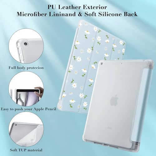 Cute White Floral Case for 10.9" iPad Air 4 2020/iPad Air 5 2022, Clear TPU Smart Stand Back Cover with Pencil Holder, Auto Wake/Sleep Foldable Shockproof Protective Case