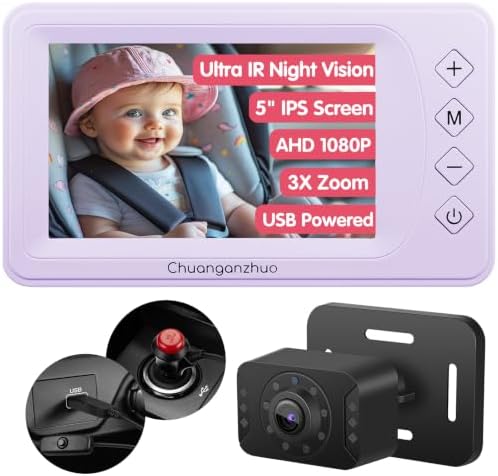 S100P Baby Car Camera with Ultra Night Vision, 5'' HD 1080P IPS Baby Car Monitor with 3X Zoom, Backseat/Carseat/Rear Seat Camera USB, Easy No-Damage Install, Safety for Infants and Pets(5 inch Purple)