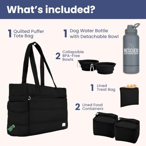 Rubyloo Dog Mom Essentials Bundle - Puffer Tote with Storage Containers (Black) and 32 oz Water Bottle with Detachable Bowl (Rescued is My Favorite Breed) - Travel Bag and Hydration Set