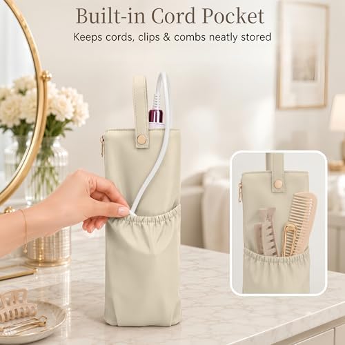 Hot Tools Travel Bag with Heat Resistant Mat, 2-in-1 Hair Tools Organizer Bag for Curling Iron, Flat Iron, Portable Holder & Mat with Cord Pocket for Home Travel(Beige)