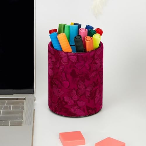 Faux Leather Pen Holder for Desk, Pencil Organizer Butterfly Pen Cup Desk Decor Makeup Brush Holder Storage for Office Home