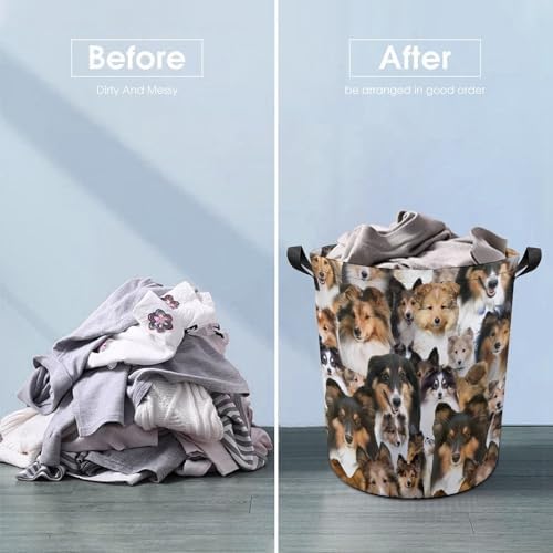 Sheltie Dog Print Laundry Basket, Funny Sheltie Dog Face Laundry Hamper, Foldable Waterproof Oxford Cloth Tote Bag Dirty Clothes Storage Bucket Organizer for Bathroom Bedroom