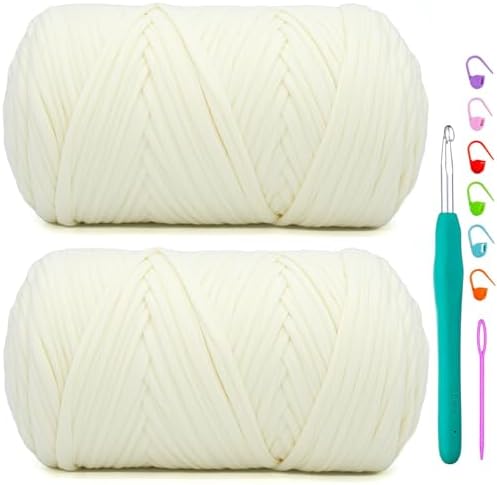 2 Pack Tshirt Yarn for Crochet,Milky White T Shirt Soft Elastic Fabric Chunky Thick T-Shirt Crochet Yarn for Crocheting Knitting Beginner Hand Knitting Bag/DIY Craft/Home Decor 2 * 400G-Milky White