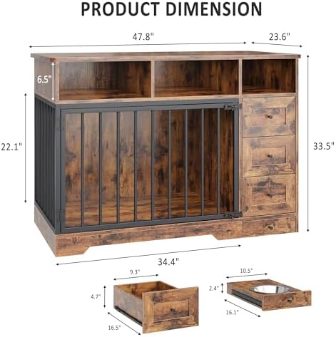 IDEALHOUSE 48'' Dog Crate Furniture with Bowl & Storage Drawers, Farmhouse Heavy Duty Dog Kennel Table for Small Medium Dogs, Indoor Wooden Dog Cage for Living Room, Entryway, Retro Brown