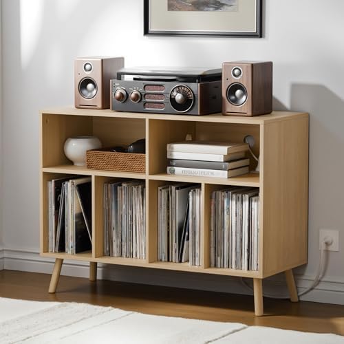 Cozy Castle Record Player Stand with Vinyl Storage Cabinet, Wood Turntable Table Open Shelf Holder Up to 350 Albums Cube Storage Organizer for Living Room, Office, Oak