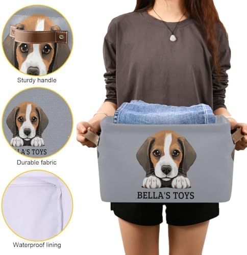 Personalized Dog Storage Basket with Handles, Beagle Puppy Customized Pet's Name Collapsible Storage Boxes Organizer Bag for Coats, Blankets, Clothes, 1PC