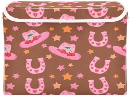 Pink Cowboy Hats Horseshoes Storage Bins with Lids Foldable Storage Basket with Handles Collapsible Large Fabric Organizer Containers for Clothes Shelves Closet Office Home