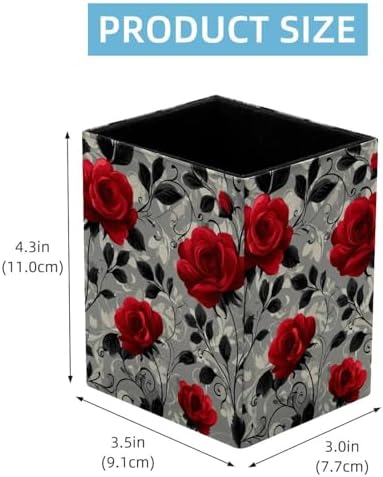 Beautiful Rose Pen Holder for Desk Decor, Rectangular PVC Leather Pencil Cup for Desk Pen Organizer, Makeup Brush Holder for School, Home, Office