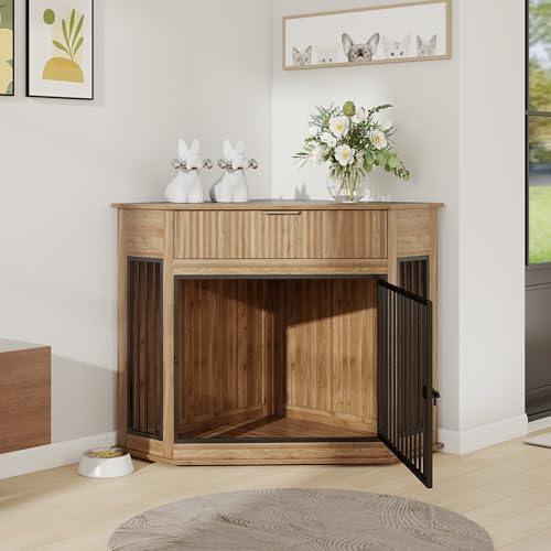 Corner Dog Crate Furniture with Drawer, White, Wood and Metal, TV Stand, Small to Medium Dogs (Walnut Finish + MDF+Steel)
