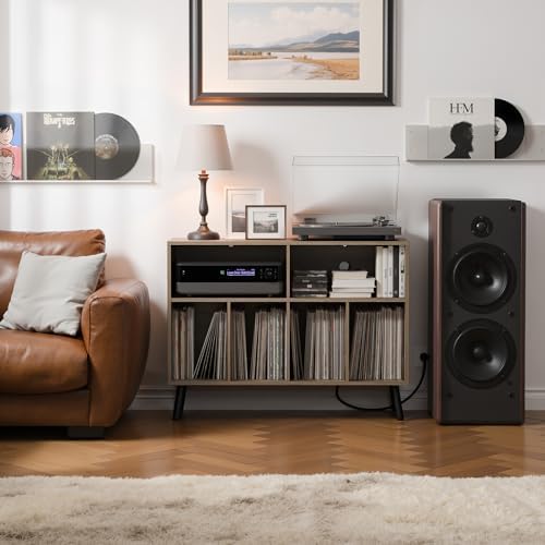 Cozy Castle Record Player Stand with Vinyl Storage Cabinet, Wood Turntable Table Open Shelf Holder Up to 350 Albums Cube Storage Organizer for Living Room, Office, Gray