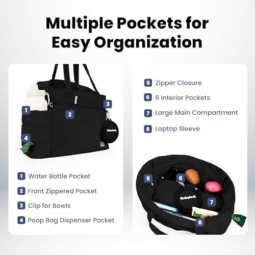 Rubyloo Dog Mom Essentials Bundle - Puffer Tote with Storage Containers (Black) and 32 oz Water Bottle with Detachable Bowl (Rescued is My Favorite Breed) - Travel Bag and Hydration Set