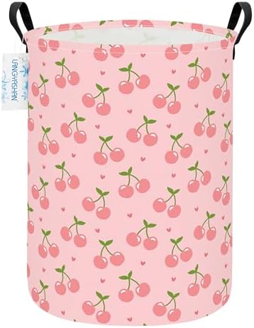 Round Laundry Basket Collapsible Storage Hamper Organizer Pink Cherry | Waterproof Canvas Foldable Baskets with sturdy Handles Multi-scene Organizer for Home Play Bedroom Gift Bin