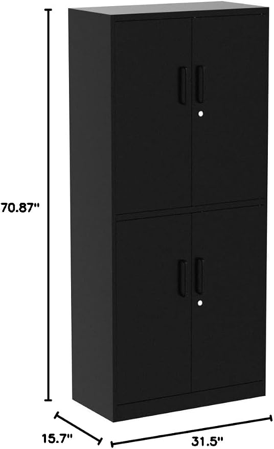 Metal Storage Locking Cabinet with 4 Doors and 2 Adjustable Shelves,71" Lockable Garage Tall Steel Cabinet,for Home Office,Living Room,Pantry,Gym,Commercial Storage (Black)