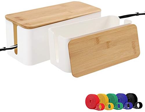 Cable Management Organizer Box, 2 Pack Large Storage Bamboo Lid Wires Concealer Holder for Office Desk, Home, Kitchen, TV, Computer, Cover Hide Tidy Surge Protector Power Strips & Cords (White)