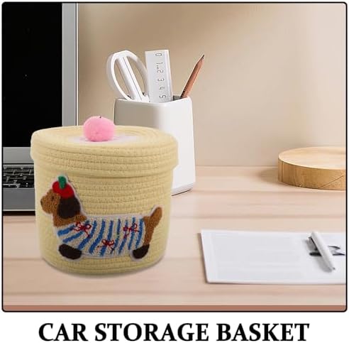 Car Storage Basket Woven Cotton Rope with Dustproof Lid Cute Dog Shaped Organizer Basket Large Capacity Pet and Sundries Storage for Car Interior