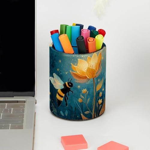 Faux Leather Pen Holder for Desk, Pencil Organizer Bee Pen Cup Desk Decor Makeup Brush Holder Storage for Office Home