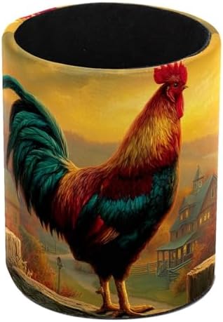 Faux Leather Pen Holder for Desk, Pencil Organizer Rooster Pen Cup Desk Decor Makeup Brush Holder Storage for Office Home