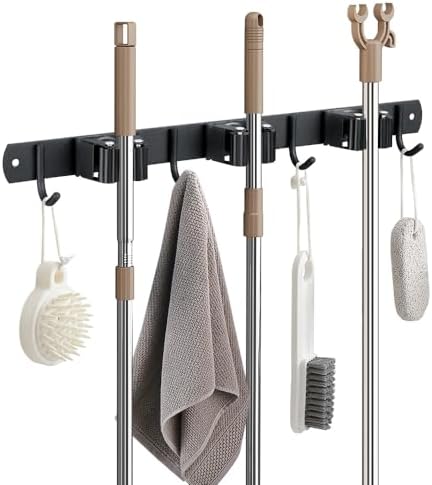 JAMEND CLXP Broom Hanger and Mop Holder, Heavy Duty Garden Tool Organizer Rack Rake and Shovel Handle, Stainless Steel Wall Mounted Utility Rack with Screws (3 Racks with 4 Hooks, Matte Black).