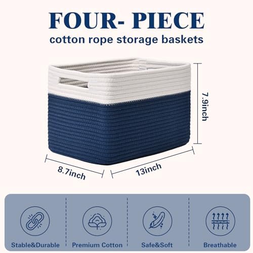 Storage Baskets for Organizing, 4 Pack Baskets for Shelves, Decorative Storage Bins for Shelves, Cotton Rope Storage Basket with Handles, Woven Basket for Storage, 13''Lx8.7''Wx7.9''H, White & Blue