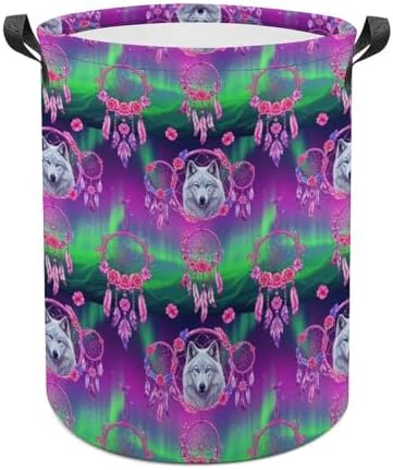 Portable Collapsible Hamper Flower Dream Catcher Boho Wolf, Waterproof Laundry Basket with Handles for Bedroom, Bathroom, and Toy Storage