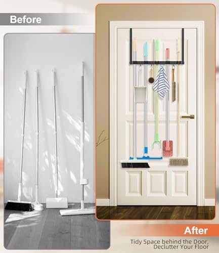 Broom Holder Over The Door with 4 Over Door Hook, Drilling Free Mop - Black | Save Space, Metal Mop and Broom Storage Wall Mount Broom Storage Tool Organizer for Laundry Room Garage Kitchen Bathroom