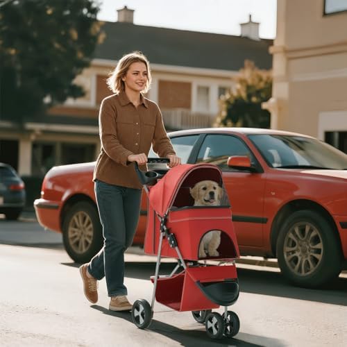 Foldable 3-Wheel Pet Stroller for Small/Medium Dogs & Cats, Red | Storage Basket & Cup Holder, Breathable Mesh Cover, Lightweight and Durable, for Small to Medium Pets, up to 33 lbs