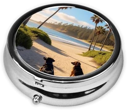 Dog Beach Palm Trees Printed Pill Organizer,Round Travel Pill Organizer Mini Medicine Pill Box for Purse Iron Plating