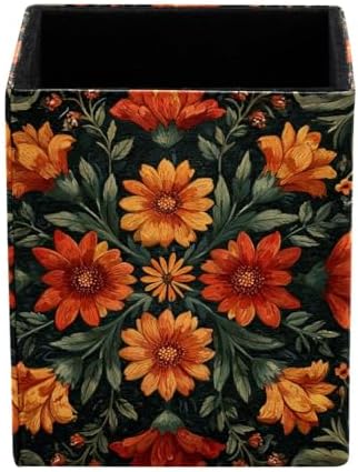 Artistic Flower Pen Holder for Desk Decor, Rectangular PVC Leather Pencil Cup for Desk Pen Organizer, Makeup Brush Holder for School, Home, Office
