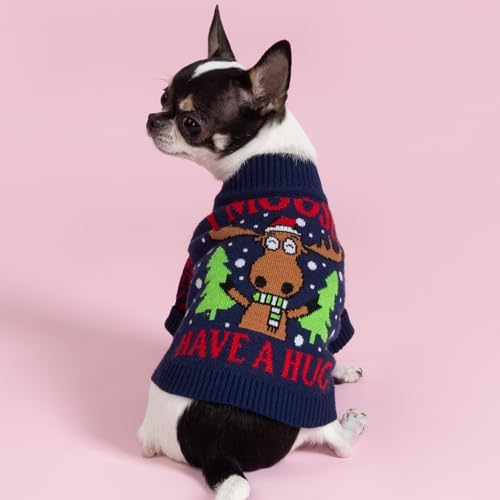Fitwarm Funny Moose Dog Ugly Christmas Sweater, Winter Dog Clothes for Small Dogs Girl Boy, Pet Xmas Outfit, Navy, XL