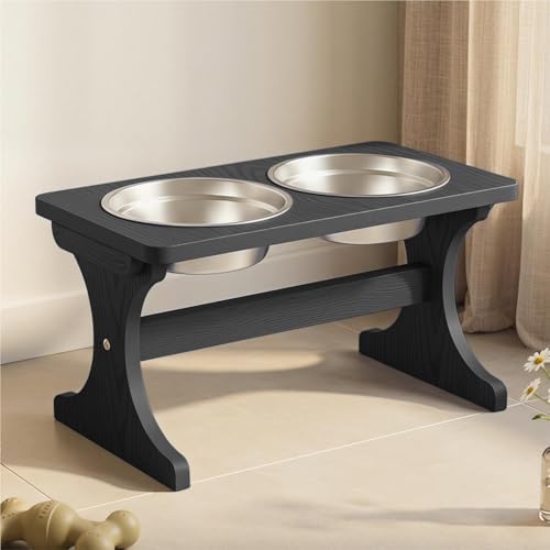 Raised Dog Bowl Stand for Medium Breed, Feeding Station with 35 oz 2 Stainless Steel Bowls & Licking Plate,Dog Food Bowl Black