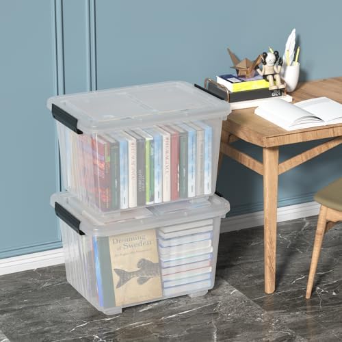 30 L Stackable Storage Bins with Lids, Clear Plastic Storage Containers, Stackable Organization Boxes with Secure Latching Lids/Wheels, Set of 4
