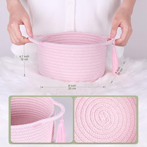Small Gift Basket Empty to Fill, Cellophane Bag & Ribbon, Pink | Cute Decorative Mini Woven Rope Basket with Handles for Gifting; Reusable for Bathroom Counter or Desk Catchall, 8 x 4.7 in