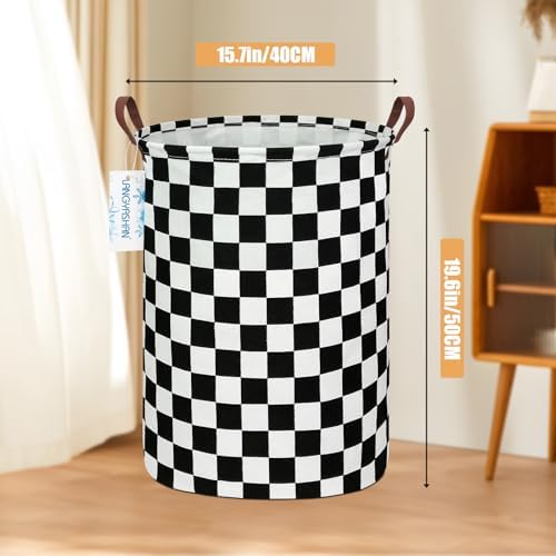Round Laundry Basket Collapsible Boys Nursery Car Hamper Racing Flag | Waterproof Canvas Foldable Checkered Storage Bin Car Toy Bins Gift Baskets Bedroom Clothes for Home Play Bedroom Gift