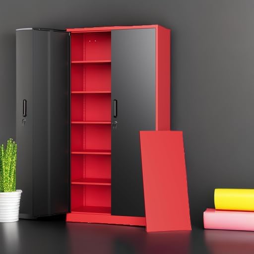 Metal Garage Storage Cabinets with Lock, 71" Tall Locker Organizer Steel Tool Cabinets,5 Adjustable Shelves 2 Doors for Home Office, Warehouse,Garage,Industrial,Employee (Black Red)