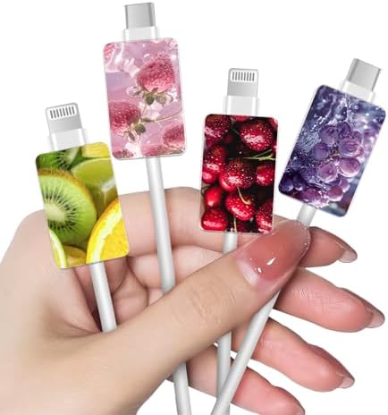 CameCosy Cable Protector for iPhone Type-c Charger, Kiwi/Cherry/Strawberry/Grape Pattern 4 PCS Phone Cable Case,Data Cable Saver,Charging Cord Protector for iPhone