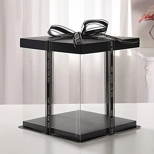 XININSUN 2Pcs Large Cake PET Clear Box, 10" X 10" X 9" with ribbon and pre-folded lid, for 8" cake packing carry, baking cookie display, Carry Tall Layer Gift, Festive Gift Box -Black | pre-folded lid, for 8" cake carrier, Carry Tall Layer Gift, Festiv...