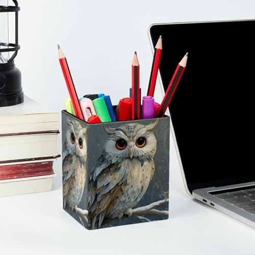 Cute Owl Pen Holder for Desk Decor, Rectangular PVC Leather Pencil Cup for Desk Pen Organizer, Makeup Brush Holder for School, Home, Office